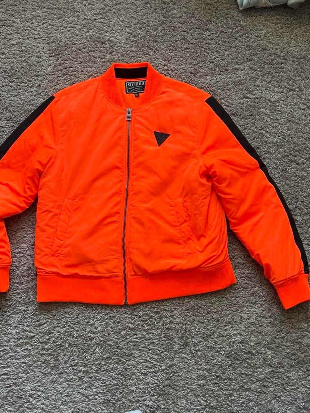 GUESS Men’s Neon Orange Bomber Jacket with Black Sleeve Stripes